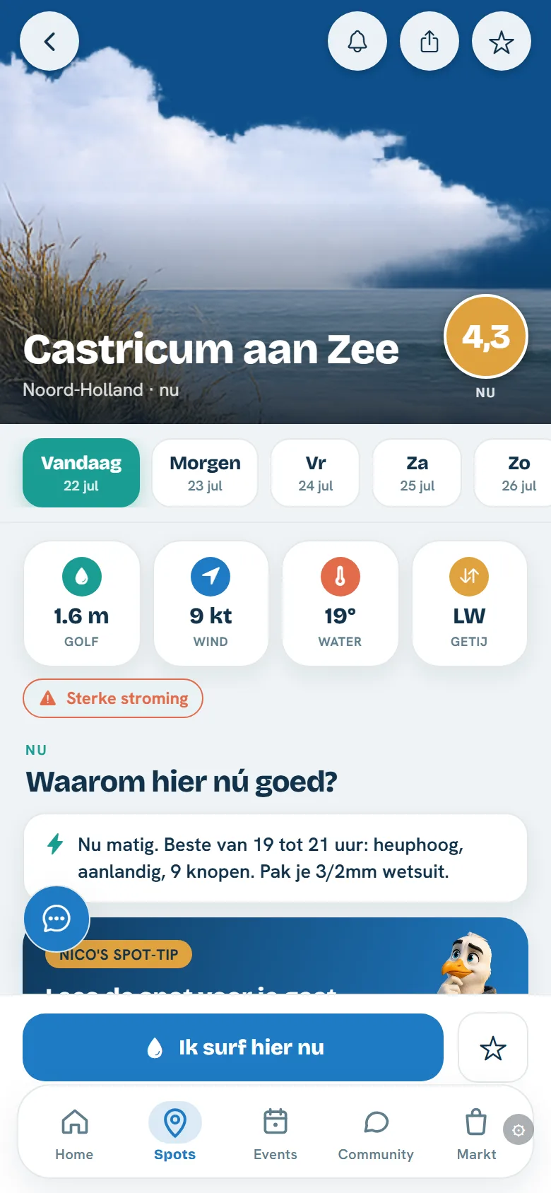 Spotpagina Castricum aan Zee met live webcam en surfscore