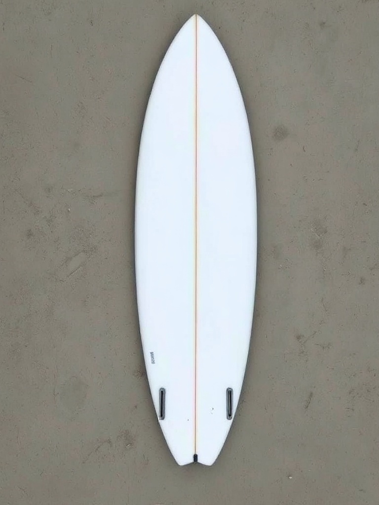 Shortboard van bovenaf op nat zand: kort en smal met spitse neus en drie vinnen